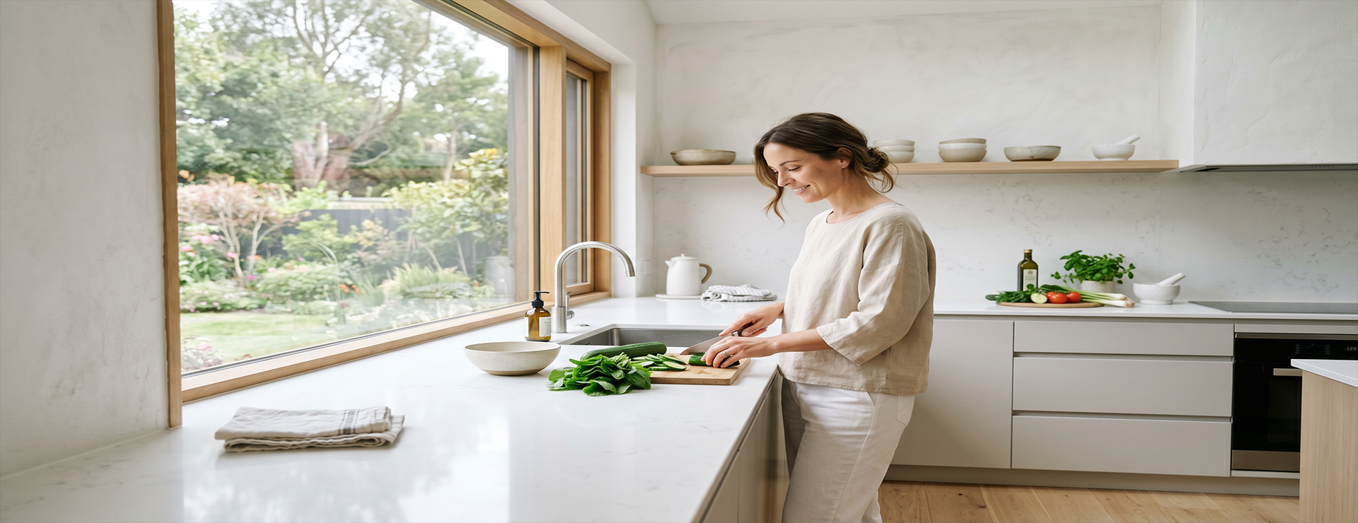 A bright kitchen overlooking a garden
